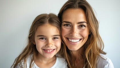 Young daughter and her mother smiling on white background