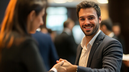 A businessman networking and shaking hands at a business event. businessman networking