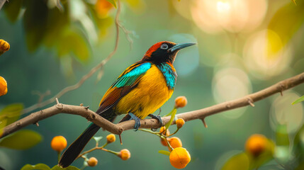 Colorful bird perched on a branch. A vibrant bird with blue, yellow, and red plumage perches on a branch. Background is softly blurred with warm bokeh effects, emphasizing the bird's striking colors.