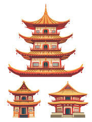 Three buildings with red roofs and yellow trim