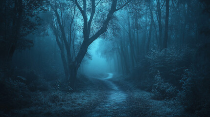 A mysterious dark forest with fog and footpath, creating an eerie and atmospheric atmosphere, suitable for nature and landscape-related content.