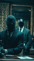 Two masked figures in suits stand ready for a covert operation in a shadowy interior