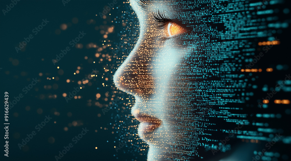 Poster a close-up of an ai female face with glowing eyes and digital code flowing around her, set against t