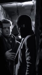 Obraz premium A masked figure stands among a crowd, creating an air of mystery and tension
