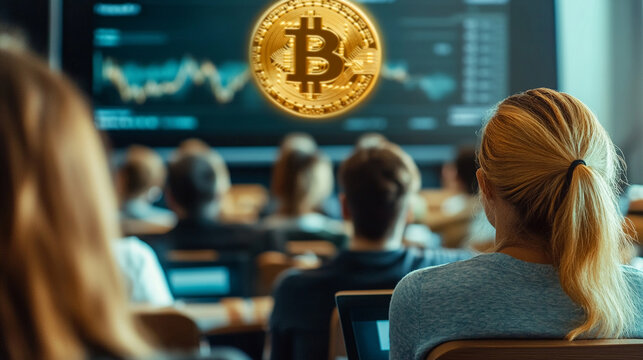 A group of people attending a seminar on cryptocurrency investment. people attending