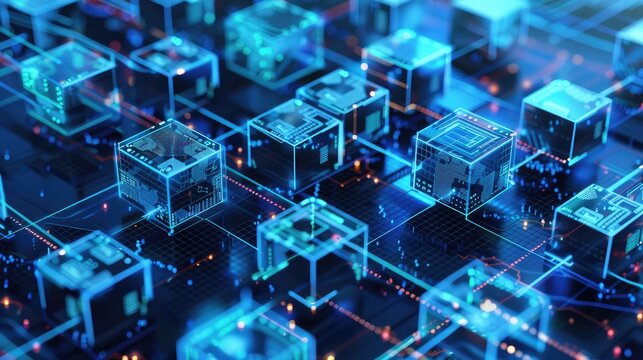 3d cube network web Transparent box cubes forming blockchain structure design concept
