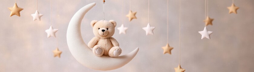 A soft teddy bear sitting on a moon, surrounded by stars, ideal for children's room decor or baby shower themes.