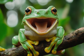 Tree frog, flying frog laughing , ai