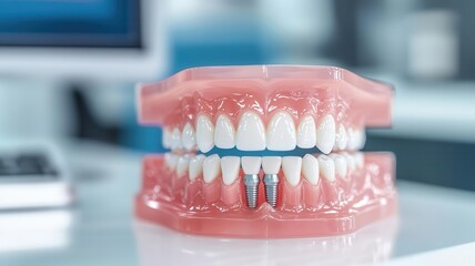 High-resolution display of dental implant mechanics on a computer, detailed 3D breakdown, futuristic dental lab
