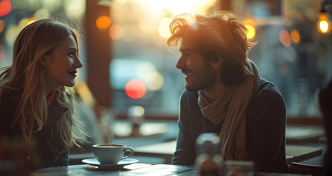 Eine Frau und ein Mann unterhalten sich in einem Caf&eacute;