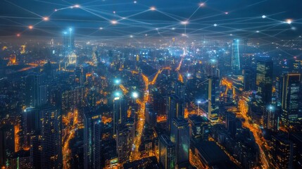 Fototapeta premium Cityscape with Interconnected Network at Night