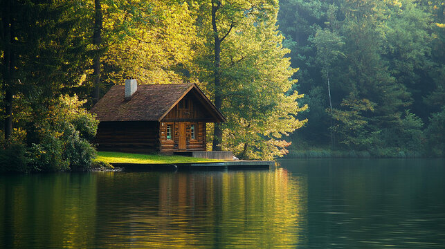 A serene lakeside cabin. lakeside cabin serene water nature peaceful retreat vacation woods scenery.