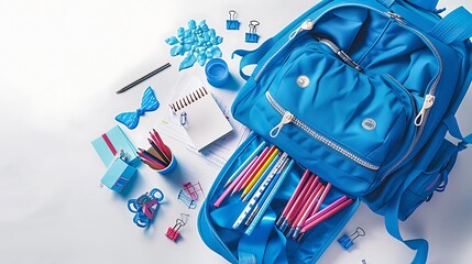 Open blue backpack with stationery spilling out, all arranged on a white background, creating a vibrant back-to-school scene.