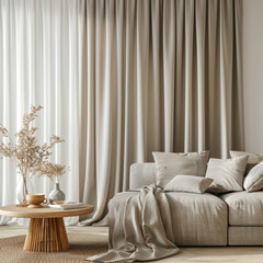 Capturing the unique blend of functionality and style in a living room adorned with dimout curtains and minimalist scandinavian furniture. 