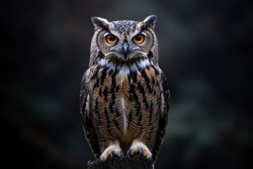 Fototapeta premium A close up of a european eagle owl perched on a post and staring forward. Taken against a dark background the eyes are penetrating the viewer, ai