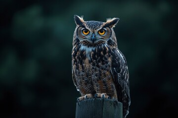 A close up of a european eagle owl perched on a post and staring forward. Taken against a dark background the eyes are penetrating the viewer, ai