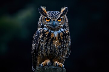 Fototapeta premium A close up of a european eagle owl perched on a post and staring forward. Taken against a dark background the eyes are penetrating the viewer, ai
