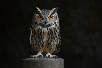 Fototapeta premium A close up of a european eagle owl perched on a post and staring forward. Taken against a dark background the eyes are penetrating the viewer, ai