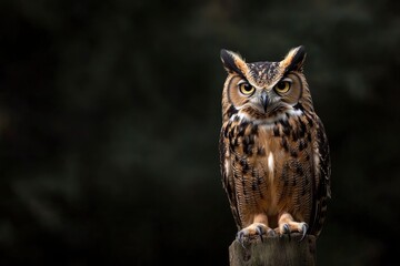 Fototapeta premium A close up of a european eagle owl perched on a post and staring forward. Taken against a dark background the eyes are penetrating the viewer, ai