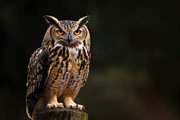 A close up of a european eagle owl perched on a post and staring forward. Taken against a dark background the eyes are penetrating the viewer, ai