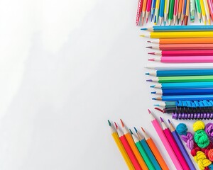 Fototapeta premium Pristine white background with vibrant school supplies arranged on the right side in a flat lay format. Ample space for back to school messages.