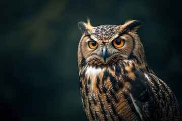 Fototapeta premium A close up of a european eagle owl perched on a post and staring forward. Taken against a dark background the eyes are penetrating the viewer, ai