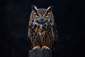 Obraz premium A close up of a european eagle owl perched on a post and staring forward. Taken against a dark background the eyes are penetrating the viewer, ai