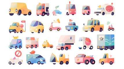 Fototapeta premium かわいいカラフル車＆トラックアイコンセット | デザインに使えるプレイフルなイラスト集