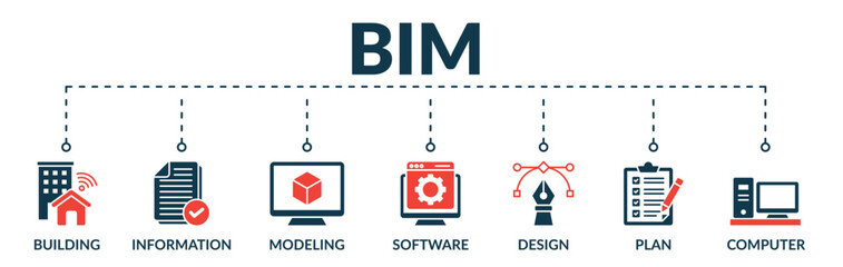 Banner of building information modeling (BIM) web vector illustration concept with icons of building, information, modeling, software, design, plan, computer