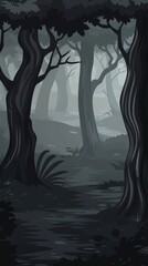 Black cartoon forest background, dark texture, simple