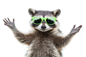 Fototapeta premium Funny raccoon in green sunglasses showing a rock gesture isolated on white background, ai