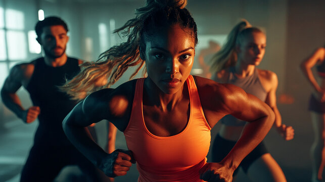 Capture a diverse group doing a high-intensity workout.