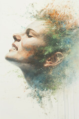 Artistic Watercolor Portrait of Woman Dissolving into Dust with Green and Blue Paint Drips