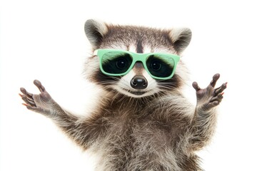 Funny raccoon in green sunglasses showing a rock gesture isolated on white background, ai