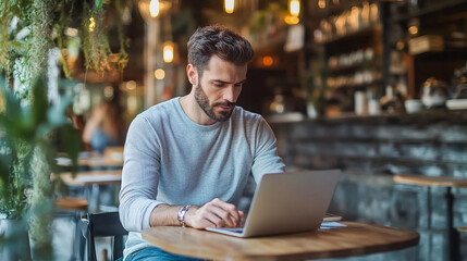 Fototapeta premium Casual man in a long-sleeve shirt and cargo pants focused on a laptop at a home office desk.