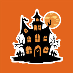 Halloween hunted house. Ghost hunted House Sticker, halloween Vector Horror house.