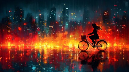Vibrant Cyclist Navigating Rainy Urban Cityscape on Vintage Bicycle