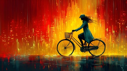 Determined Cyclist Riding Vintage Bicycle Through Vibrant Storm in Colorful City