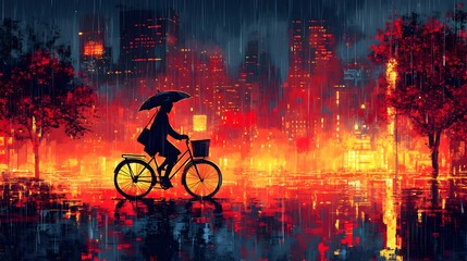 Silhouetted Cyclist Riding Vintage Bicycle Through Neon lit Rainy City Landscape