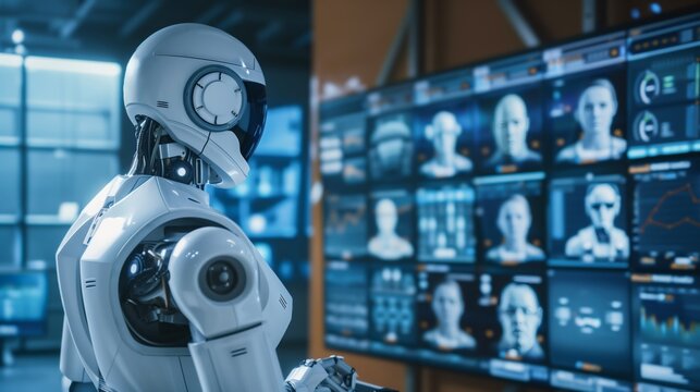 An advanced AI robot is monitoring human face recognition data in a hightech laboratory