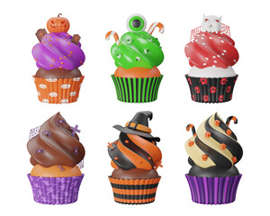 3D illustration cute cupcakes set with Halloween decor