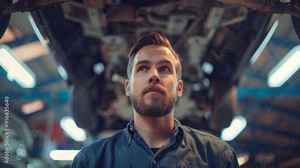 Poster a man with a beard is looking up at a car engine