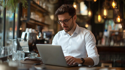 Obraz premium Elegant woman in a dress shirt and trousers working from a contemporary office environment.