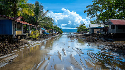 A clear blue sky watches as muddy floodwaters engulf traditional houses, blending nature's chaos with urban resilience.