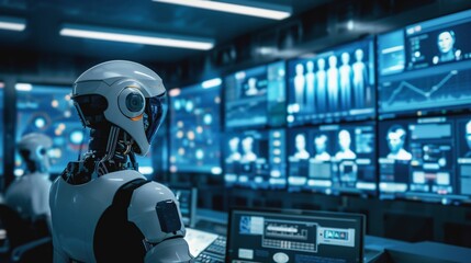 A group of advanced AI Robots is overseeing digital information in a cuttingedge control center