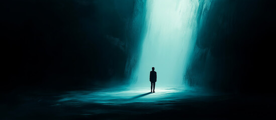 A solitary figure stands bathed in stark light against a shadowy, ominous void.