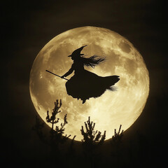 image of a witch flying on a broom whose silhouette is seen against the light of the full moon