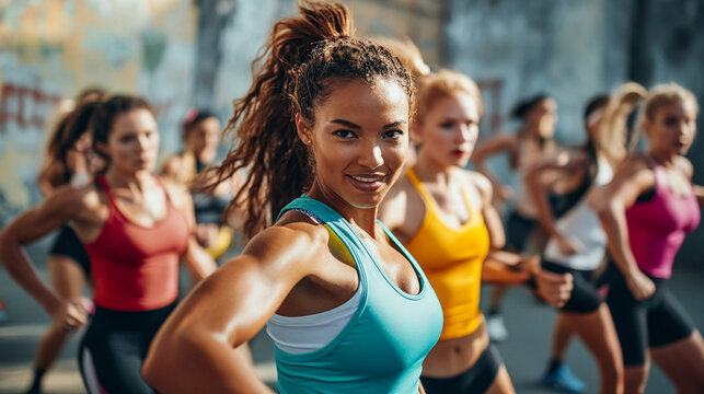 Feature a multicultural group in a bootcamp workout.