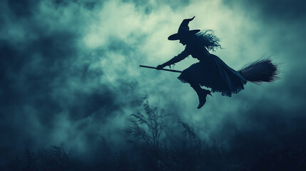 Fototapeta premium photo of a witch on a broomstick, Halloween background