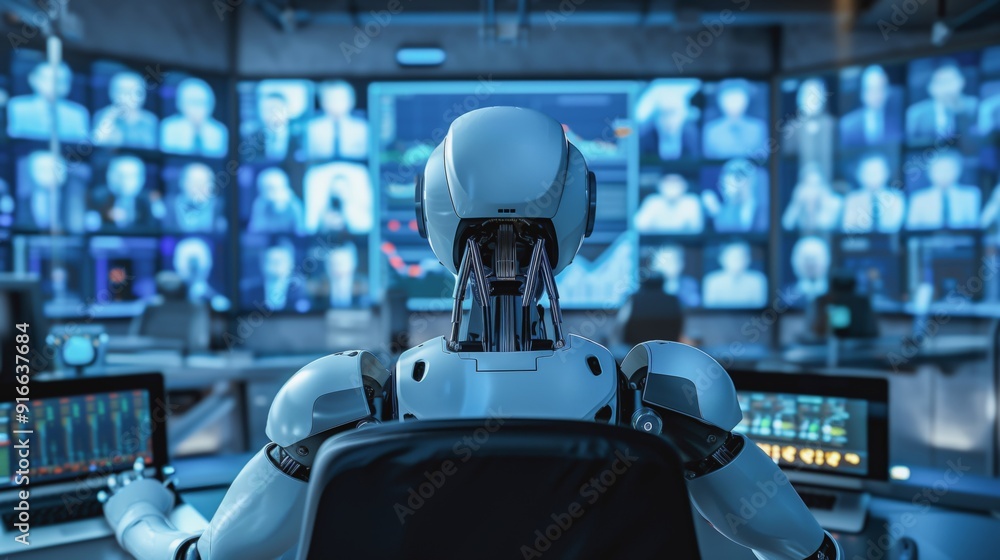 Poster in a futuristic setup, a robot supervises a digital command center equipped with numerous screens